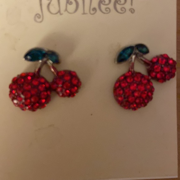 New Rinstone crusted twin cherries stud earrings by Jubilee - Picture 3 of 3
